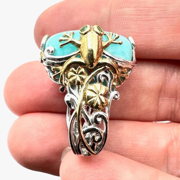 Michael Valitutti Ring Blue Green Gemstone Frog Sterling Silver Gold Size 6 - Picture 1 of 4